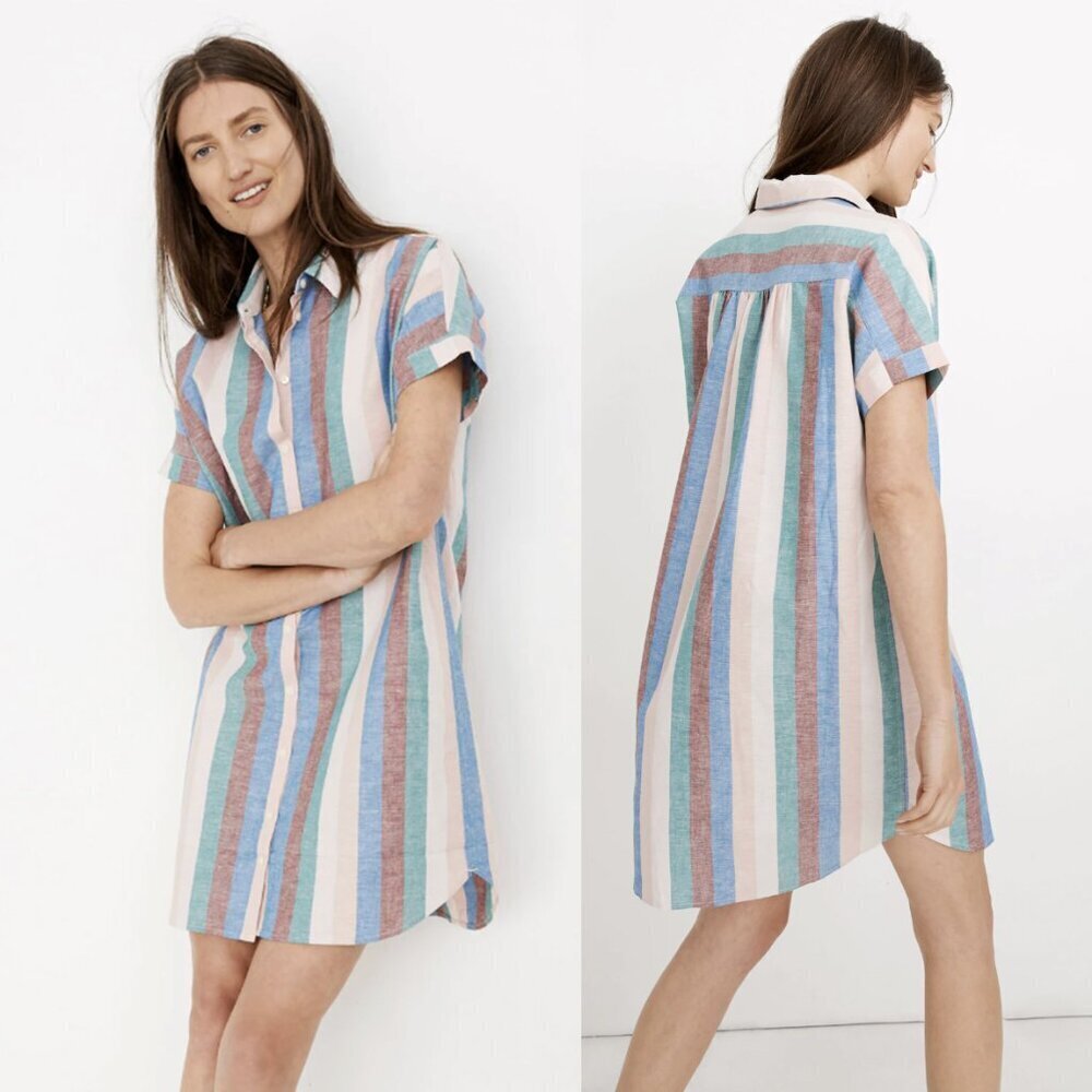 Madewell Linen Cotton Button Front Short Sleeved Central Shirtdress Striped, S